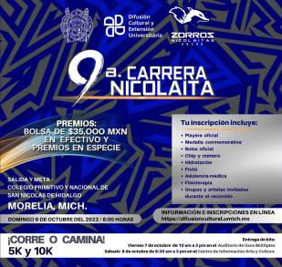 Este Próximo Domingo se realizará la Esperada 9A CARRERA ATLÃ‰TICA NICOLAITA Â¡Llega a la meta con la Universidad Michoacana! 